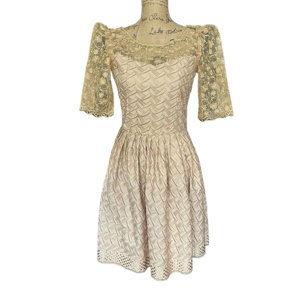 Handmade Womens S* Fit Flare Gold‎ Dress Lace Sleeve Wrap Lolita Formal Coquette - Picture 6 of 16